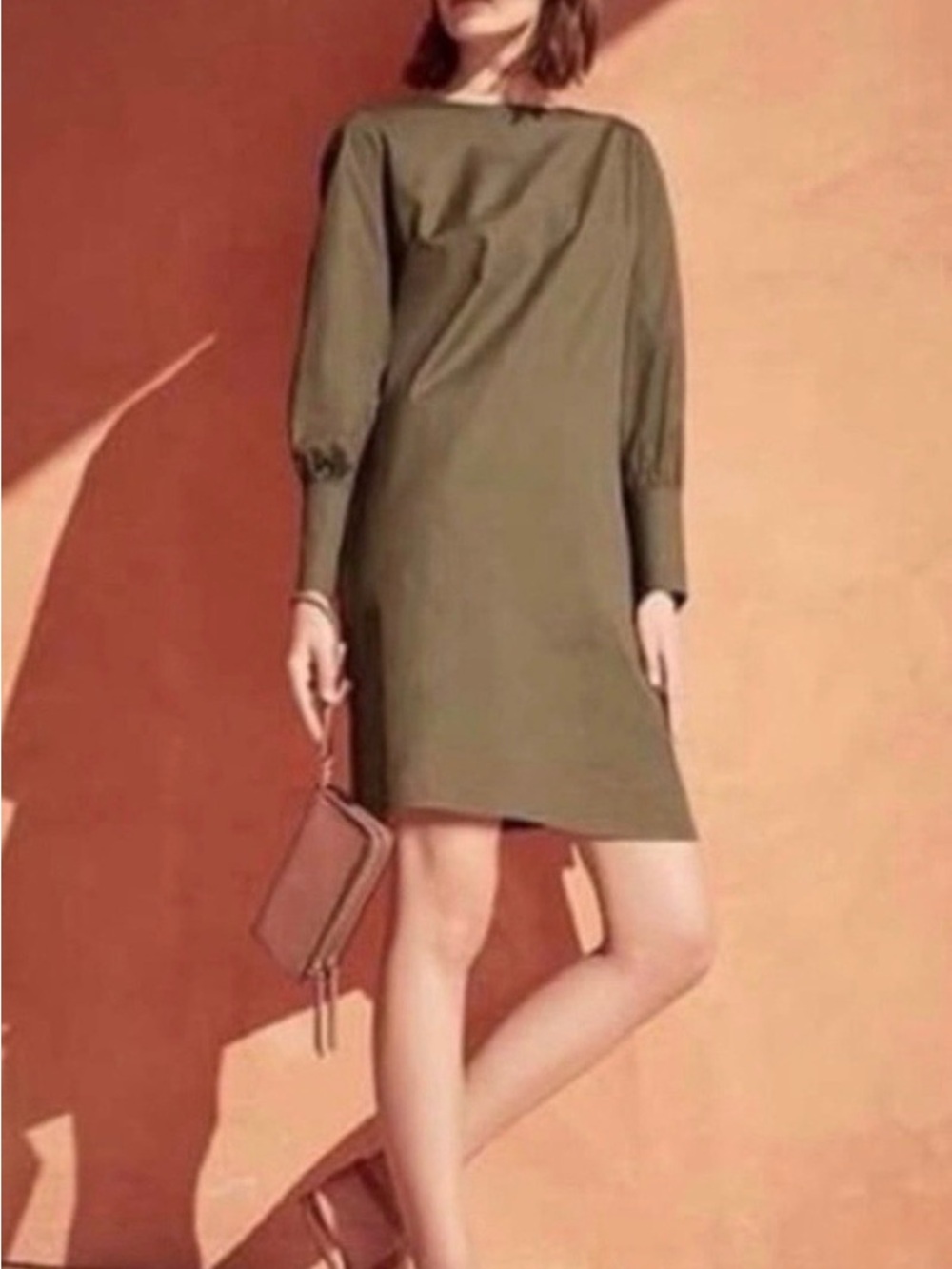 Cuyana shift poplin long sleeve dress in olive size M